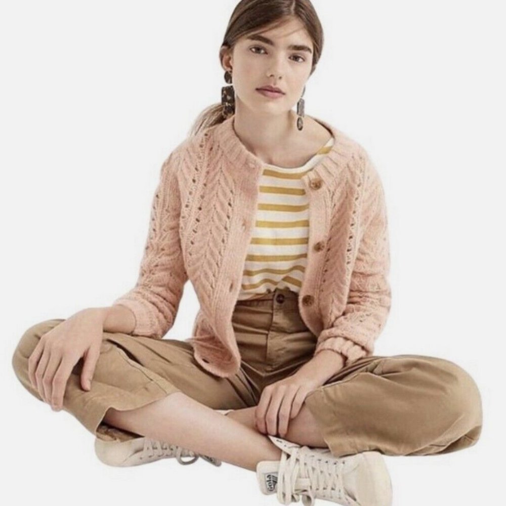 J.Crew Point Sur Pointelle Cardigan Pink M Medium